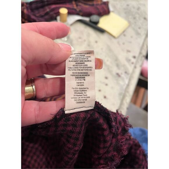 Free People Come On Over Burgundy & Gold Plaid Swing Flannel Over Sized Button D - Picture 10 of 10